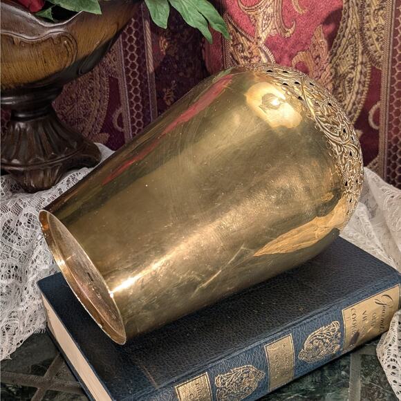 9.5" Tall Vintage Pierced Floral Design Solid Brass Vase, Handmade in India - Picture 5 of 8